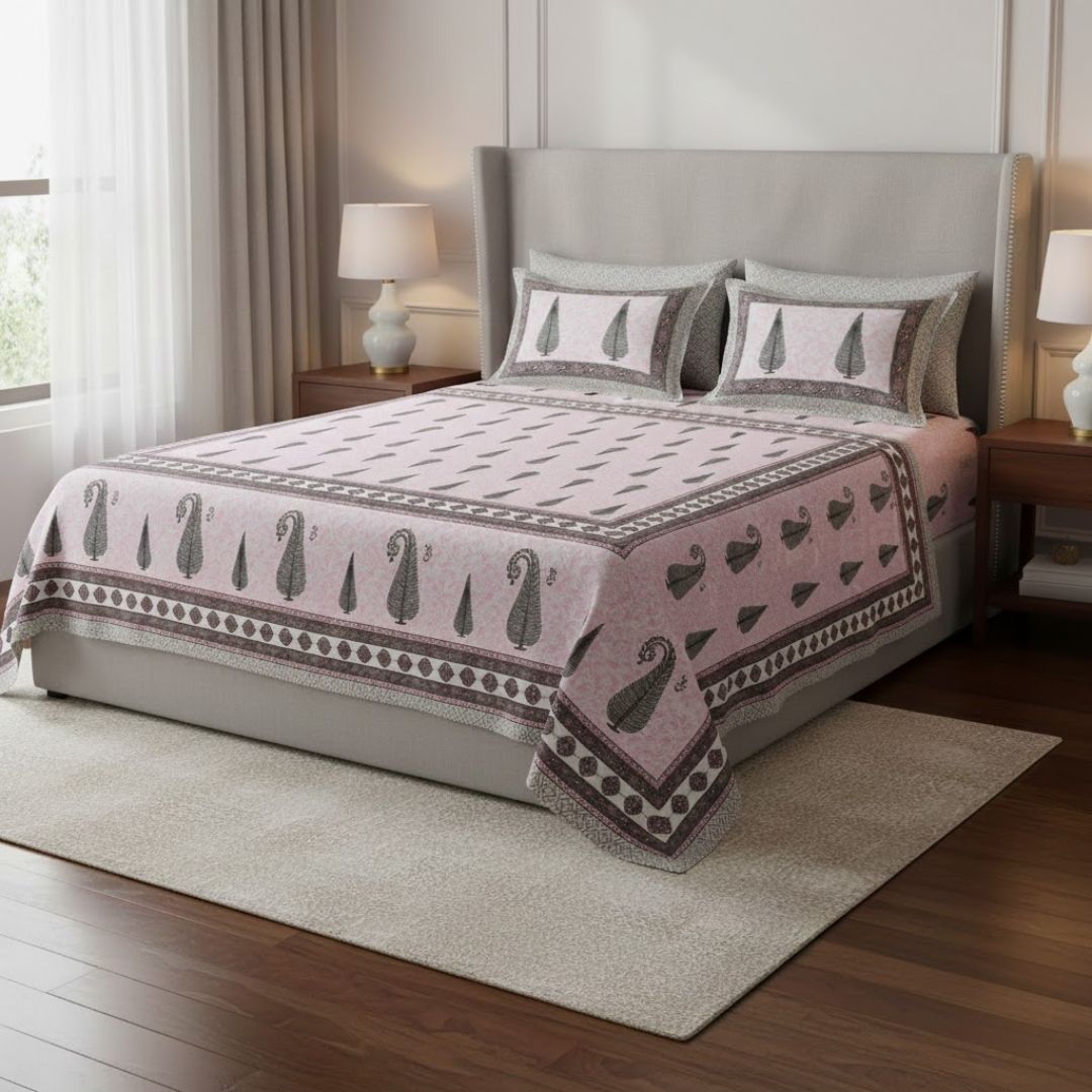 Ethnic Motif Pink Block Print Pure Cotton Double Bedsheet
